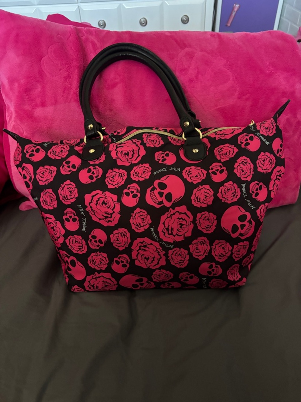 Betsey Johnson Black & Hot Pink Skull and Rose Tote - Picture 2 of 8